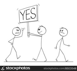 Person walking on the street and holding yes sign, people are angry, vector cartoon stick figure or character illustration.. Person Walking on the Street with Yes Sign, Vector Cartoon Stick Figure Illustration