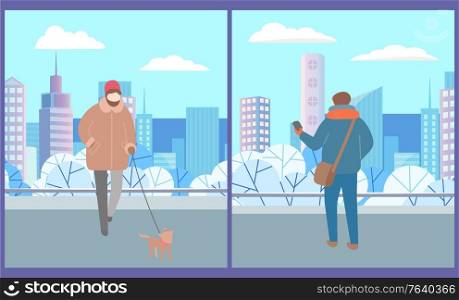 Person walking with dog outdoor, people going in city, skyscraper view. High buildings and park, trees in downtown, modern construction, man and woman vector. People Walking in City, High Building, Town Vector