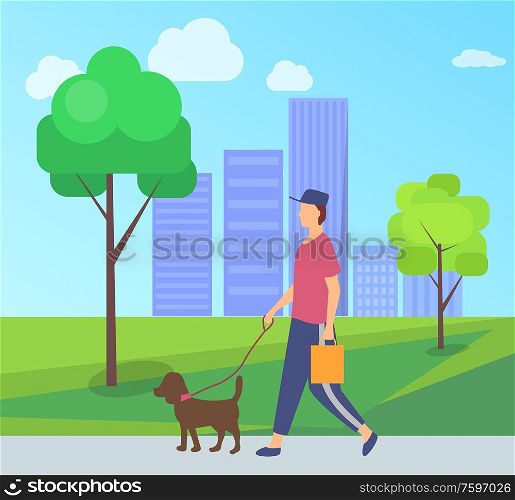 Person wearing casual clothes and cap, dog domestic animal with lead, human holding package. Vector city park with bench and man walking with pet. Person Going with Dog, Character with Pet Vector