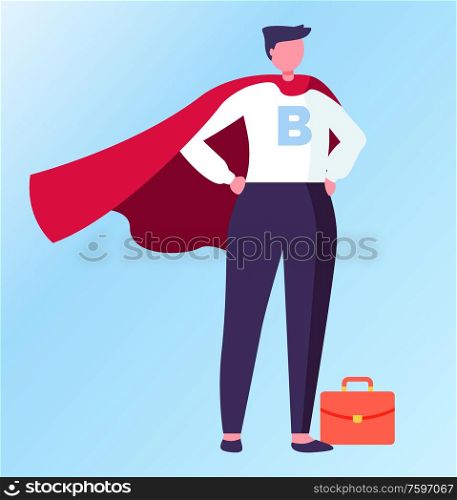 Person wearing formal suit vector, superhero in field of business flat style. Isolated male with briefcase standing in solemn pose proud of himself. Man Hero, Superhero Businessman with Briefcase
