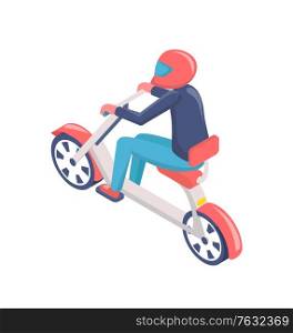 Person wearing helmet driving scooter, human in casual clothes sitting on electric bike, back view of man or woman on modern transport, safety vector. Human Driving Eco Scooter or Electric Bike Vector