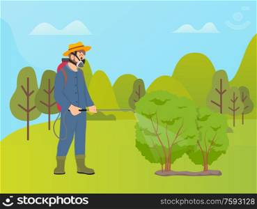 Person wearing protective costume vector, farmer spraying bushes protecting from insects and harmful organisms. Forest and nature, trees and hills. Farming Man with Special Spray for Bushes Health