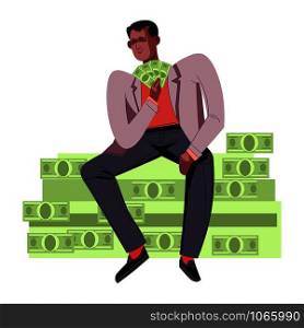 Person wearing rich clothes sitting on pile of money vector man with banknotes currency dollar successful businessman with salary and profits from business cash big sum wealth of male in costume.. Person wearing rich clothes sitting on pile of money