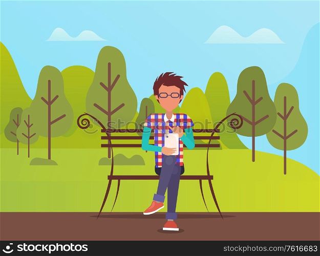 Person wearing squared shirt vector, man sitting in park on fine day. Summer forest with trees, hills and clear sky. Guy on nature holding gadget. Man with Smartphone, Sitting on Bench in Park