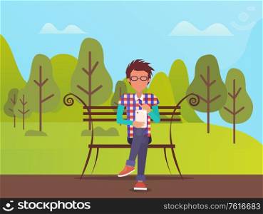 Person wearing squared shirt vector, man sitting in park on fine day. Summer forest with trees, hills and clear sky. Guy on nature holding gadget. Man with Smartphone, Sitting on Bench in Park