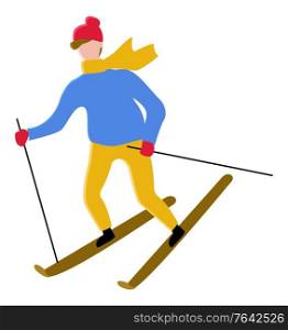 Person wearing warm clothes skiing outdoors. Man leading active lifestyle. Hobby of male, winter sports and leisure on vacation. Recreation of sportsman. Personage in hat and gloves vector in flat. Man Leading Active Lifestyle, Skiing Character