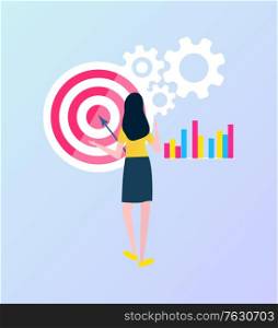 Person with aim and arrow, woman looking at cogwheel process of project, info charts and infographics with colored tables business info visualized. Vector illustration in flat cartoon style. Woman Looking at Target and Cogwheels,Charts