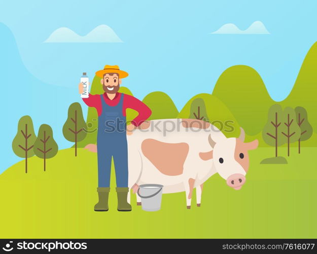 Person with animal vector, farmer standing by cow in green nature. Cattle caring, bucket with fresh product and package with vitamins. Livestock and man. Farmer with Cow Presenting Fresh Milk in Bucket