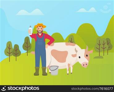 Person with animal vector, farmer standing by cow in green nature. Cattle caring, bucket with fresh product and package with vitamins. Livestock and man. Farmer with Cow Presenting Fresh Milk in Bucket
