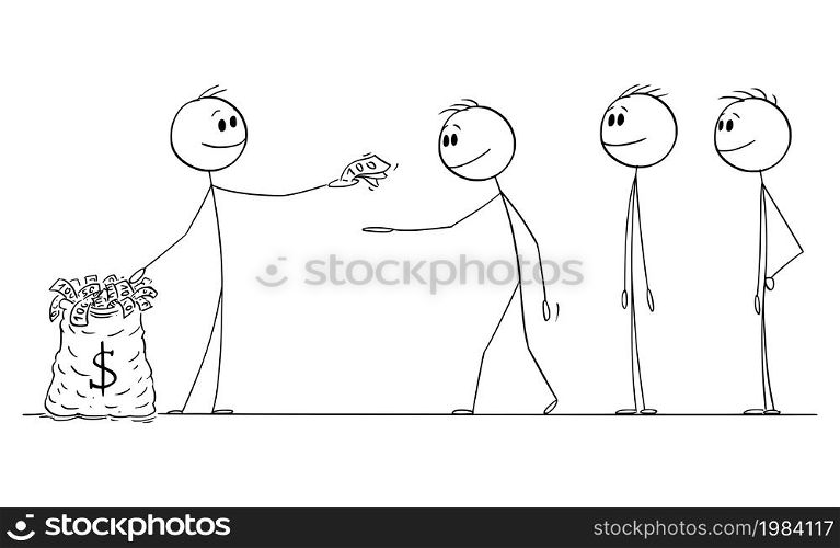 Person with bag of money giving money to other people, vector cartoon stick figure or character illustration.. Person Giving Money to Others , Vector Cartoon Stick Figure Illustration