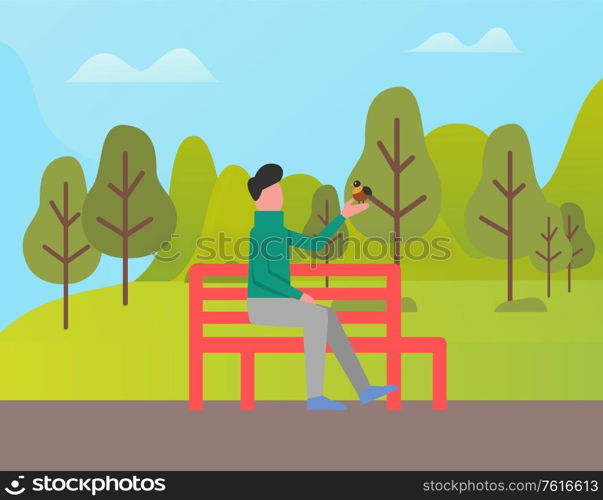 Person with bird vector, man sitting on bench holding small birdie in hands. Forest with trees, natural environment, leisure of human in summer park. Man Sitting on Wooden Bench and Enjoying Nature
