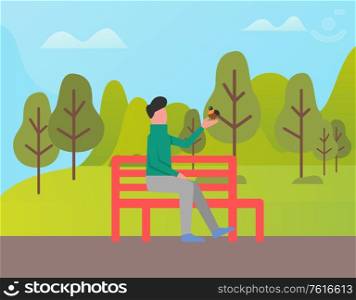 Person with bird vector, man sitting on bench holding small birdie in hands. Forest with trees, natural environment, leisure of human in summer park. Man Sitting on Wooden Bench and Enjoying Nature