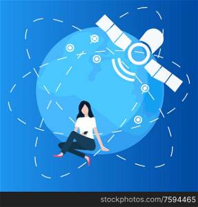 Person with cell phone vector, woman using smartphone to chat and talk, cellular communication and search for connection, planet with lines flat style. Woman Using Smarphone, Globe and Satellite Set