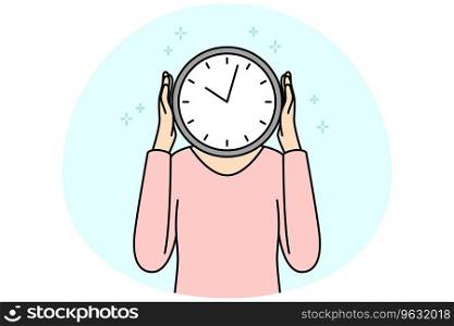 Person with clock instead of head. Man or woman with watch worried about missed deadline. Time management. Vector illustration.. Person with clock instead of head