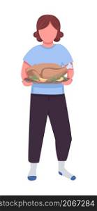 Person with cooked turkey semi flat color vector character. Dynamic figure. Full body person on white. Home dinner isolated modern cartoon style illustration for graphic design and animation. Person with cooked turkey semi flat color vector character