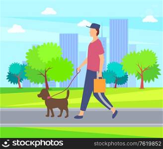 Person with dog on lead walking in city park among skyscrapers, green trees and bushes. Vector man in hat with domestic pet, cartoon style character on walk. Person with Dog on Lead Walking in Park, Buildings