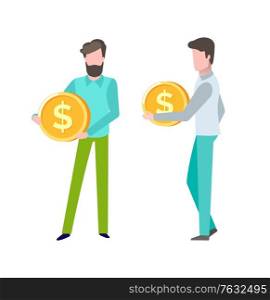 Person with finance assets, gold coin in hands of client of bank, deposit and savings, money capital, salary and business success giving profit. Vector illustration in flat cartoon style. Man Holding Coin, Dollar Currency in Male Hands