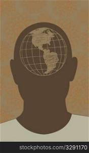 Person with hand drawn earth in head.