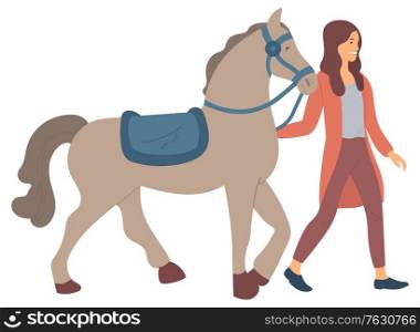 Person with horse, isolated lady with animal and equipment for rider. Leisure time of female with stallion. Pastime and relaxation of character. Vector illustration in flat cartoon style. Equine Sports Hobby of Woman with Horse Vector