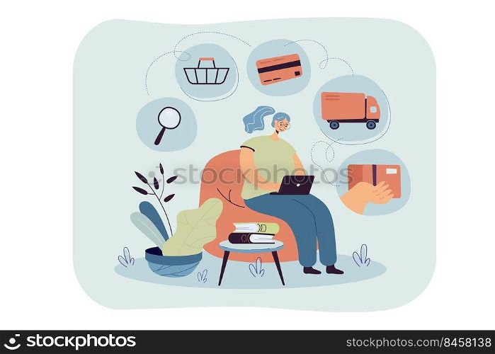 Person with laptop using online app for ordering food from grocery store or restaurant. Vector illustration for ecommerce, home delivery, courier service concept