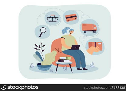 Person with laptop using online app for ordering food from grocery store or restaurant. Vector illustration for ecommerce, home delivery, courier service concept