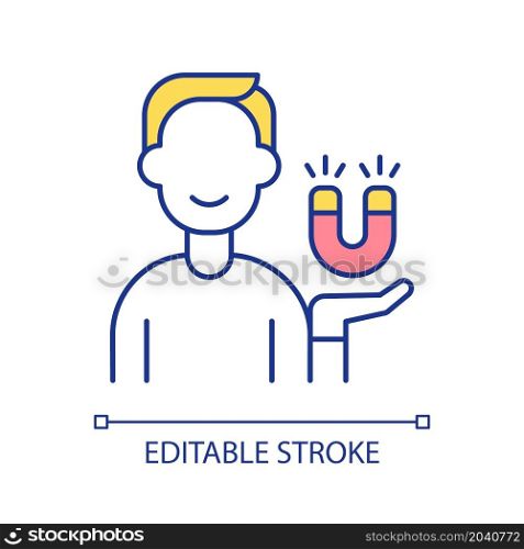 Person with magnet RGB color icon. Attracting customers, investments, partners. Education and science item. Isolated vector illustration. Simple filled line drawing. Editable stroke. Person with magnet RGB color icon