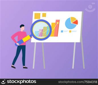 Person with magnifying glass searching for info vector, whiteboard presentation with information and details of business project, man with zoom flat style. Statistics and Infographics on Board and Male