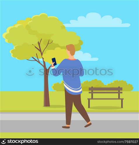 Person with mobile phone back view in city park near tree and bench. Vector male with telephone, businessman chatting on smartphone, typing message. Person with Mobile Phone Back View in City Park