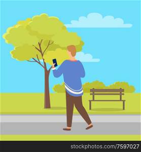 Person with mobile phone back view in city park near tree and bench. Vector male with telephone, businessman chatting on smartphone, typing message. Person with Mobile Phone Back View in City Park