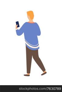 Person with mobile phone back view isolated cartoon character. Vector male or female with telephone, businessman chatting on smartphone, typing message. Vector illustration in flat cartoon style. Person and Smartphone Back View Isolated Character