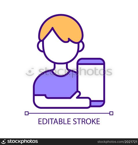 Person with mobile phone RGB color icon. Device app and service, online data protection. Modern technology. Isolated vector illustration. Simple filled line drawing. Editable stroke. Person with mobile phone RGB color icon