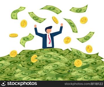 Person with money, pile of cash and coins. Cash money and business investment, success financial character, businessman with earnings. Vector illustration. Person with money, pile of cash and coins