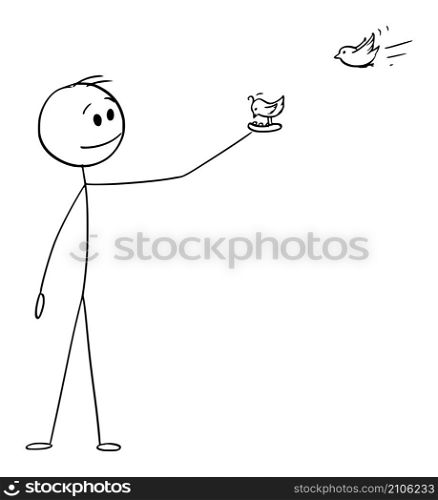 Person with open hand feeding small birds , vector cartoon stick figure or character illustration.. Person Feeding Birds on Hand, Vector Cartoon Stick Figure Illustration