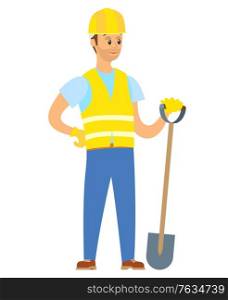 Person with shovel working on construction of building, male wearing special clothes and protective helmet, isolated male character with spade. Vector illustration in flat cartoon style. Man Wearing Uniform Standing with Shovel Vector