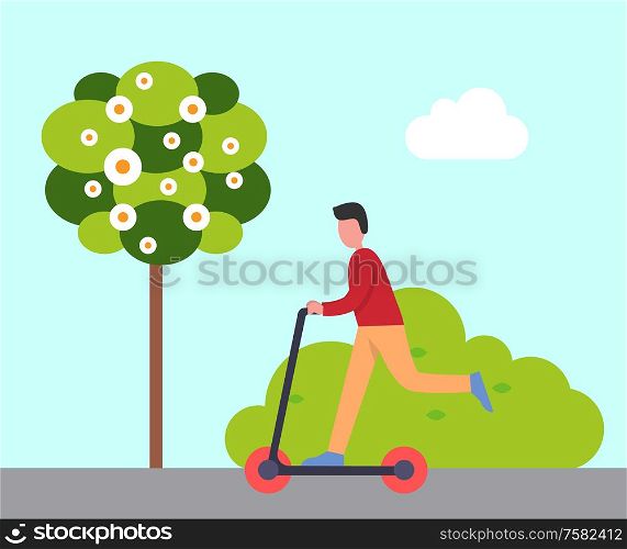 Person with skating board outdoors vector. Blooming tree and teenager skating outdoors, hobby of male riding. Skateboarding in spring, greenery of nature. Skateboarding Hobby of Young Boy Teenager on Board