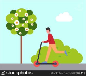 Person with skating board outdoors vector. Blooming tree and teenager skating outdoors, hobby of male riding. Skateboarding in spring, greenery of nature. Skateboarding Hobby of Young Boy Teenager on Board
