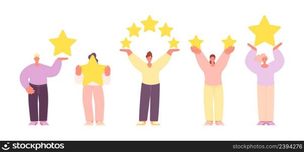 Person with stars. Rating, star in people hands. Happy customers with positive feedback. Isolated man woman success characters. Reviews vector set of feedback and review illustration. Person with stars. Rating, star in people hands. Happy customers with positive feedback. Isolated man woman success characters. Reviews vector set