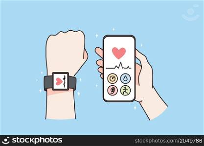 Person with tracker device on hand wrist use application on smartphone. Man use modern app on watch and cellphone check health and pace. Technology and healthcare concept. Vector illustration. . Person with wrist tracker and smartphone app