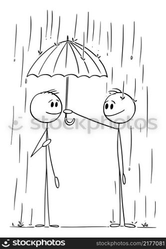 Person with umbrella helps other person on rain , vector cartoon stick figure or character illustration.. Person Helping Man on Rain Offering His Umbrella , Vector Cartoon Stick Figure Illustration