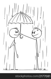 Person with umbrella helps other person on rain , vector cartoon stick figure or character illustration.. Person Helping Man on Rain Offering His Umbrella , Vector Cartoon Stick Figure Illustration