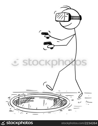 Person with virtual reality glasses walking on real world street and falling in hole, vector cartoon stick figure or character illustration.. Person Walking on Real World Street with Virtual Reality Glasses, Vector Cartoon Stick Figure Illustration