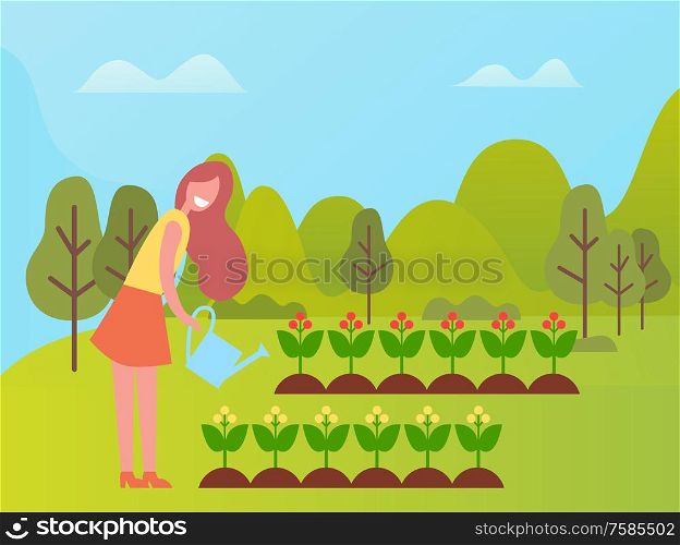 Person with watering can working on land vector, farming girl in good mood caring for soil and plantation with growing product, flowers in blossom. Woman Smiling and Watering Plants Agriculture