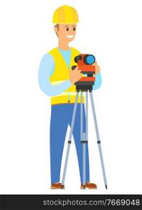 Person working as engineer vector, male wearing special uniform and protective helmet to be secured on building construction. Isolated character with cam. Architecture Male Standing with Camera and Lens