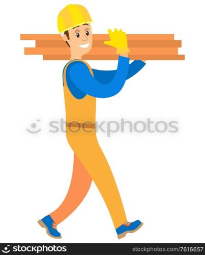 Person working as handyman vector, isolated character in flat style carrying wooden blocks for construction of houses and estates, engineer worker. Person Smiling and Carrying Wooden Blocks Vector