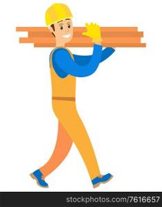Person working as handyman vector, isolated character in flat style carrying wooden blocks for construction of houses and estates, engineer worker. Person Smiling and Carrying Wooden Blocks Vector