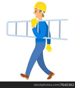 Person working at construction of building vector, isolated character wearing clothes and helmet for protection, worker with gloves and ladder flat style. Worker in Uniform Carrying Metallic Ladder Vector