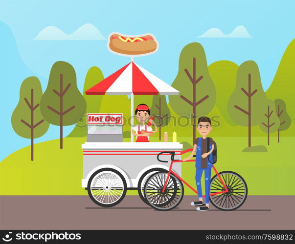 Person working at hot dog shop vector, street food selling in park. Bicyclist buying meal, service for people walking in forest. Hotdog dish with sausage. Hot Dog Stall with Snacks, Bicyclist by Merchant