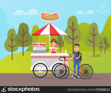 Person working at hot dog shop vector, street food selling in park. Bicyclist buying meal, service for people walking in forest. Hotdog dish with sausage. Hot Dog Stall with Snacks, Bicyclist by Merchant