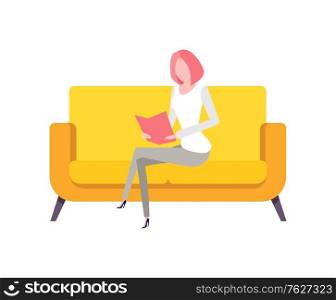 Person working from home vector, distant worker sitting on comfortable sofa, yellow furniture flat style. Secretary learning information form book document. Woman Working at Home, Lady Reading Book Vector