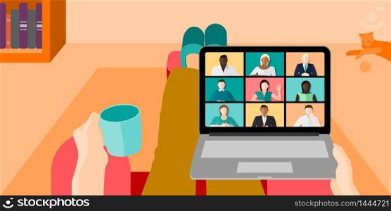 Person working from home while sitting on the couch with a coffee while on a work video conference call concept vector